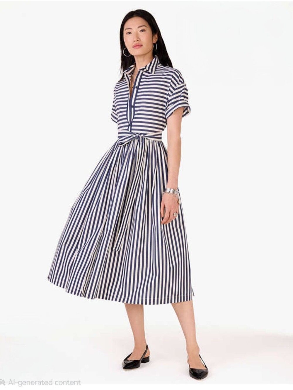 Kate Spade---Striped Shirt Dress with Waist Tie - Navy & White